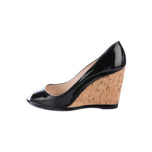 Prada Black Patent Leather Cork Wedge Heels Sz 40